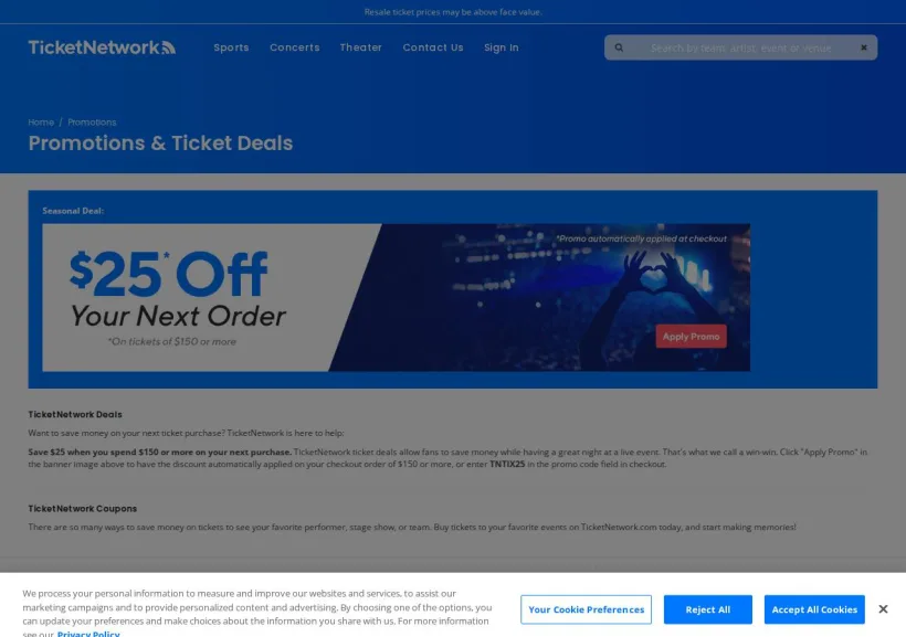 Schermata della pagina offerta di TicketNetwork