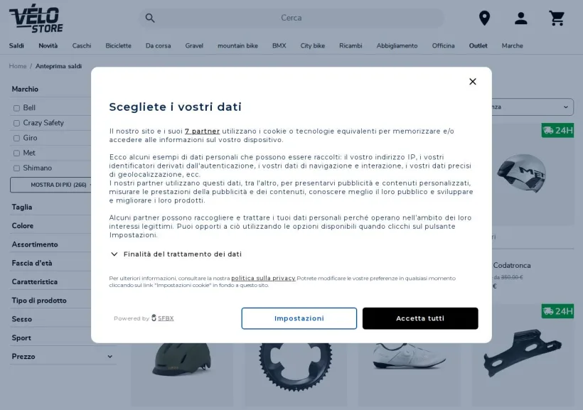 Schermata della pagina offerta di Vélo Store