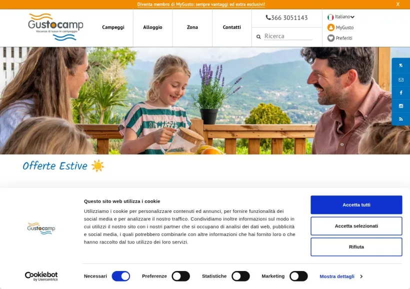 Schermata della pagina offerta di Gustocamp