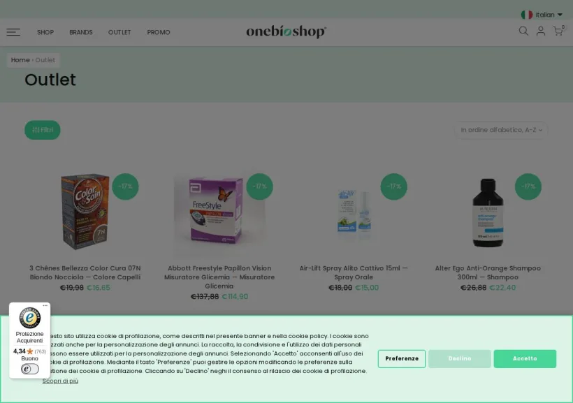 Schermata della pagina offerta di OneBioShopITA