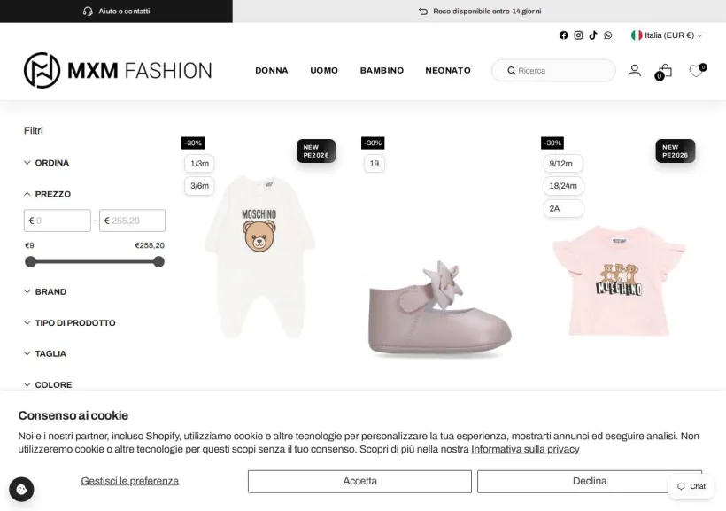 Schermata della pagina offerta di MXM Fashion