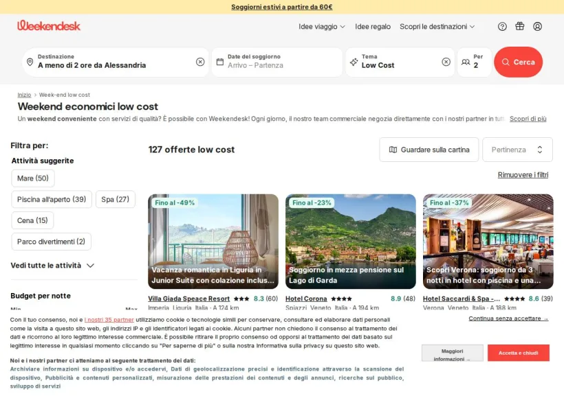 Schermata della pagina offerta di Weekendesk