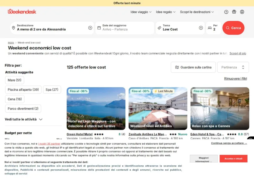 Schermata della pagina offerta di Weekendesk