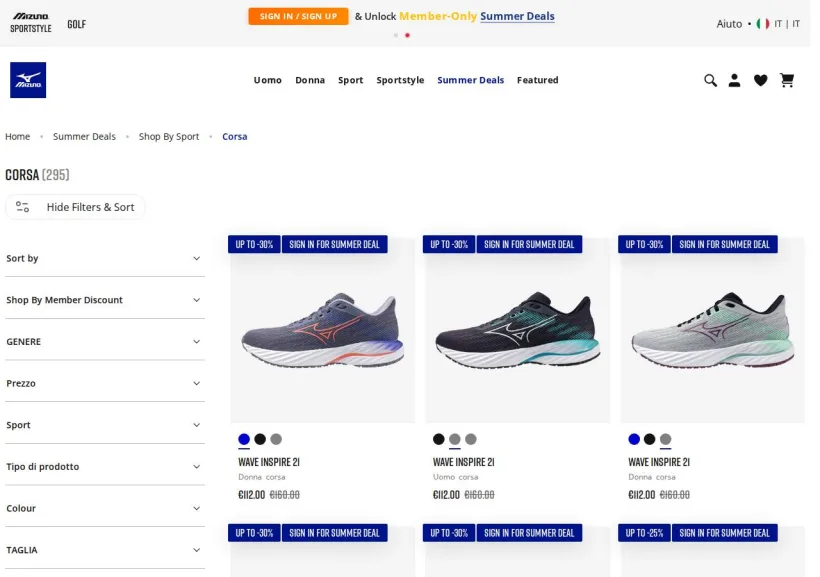 Schermata della pagina offerta di Mizuno