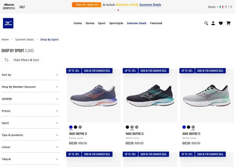 Schermata della pagina offerta di Mizuno