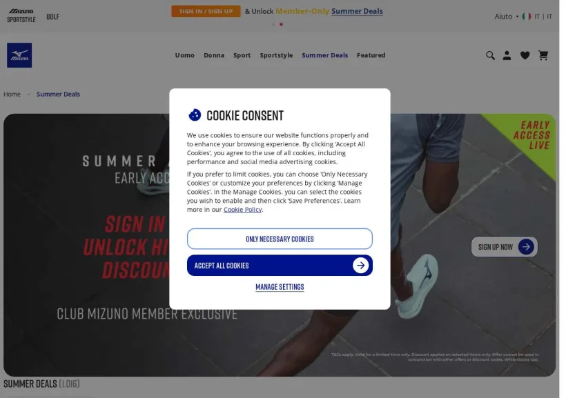 Schermata della pagina offerta di Mizuno
