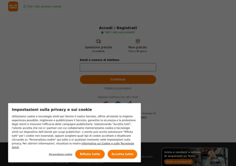 Schermata della pagina offerta di Temu Affiliate Program