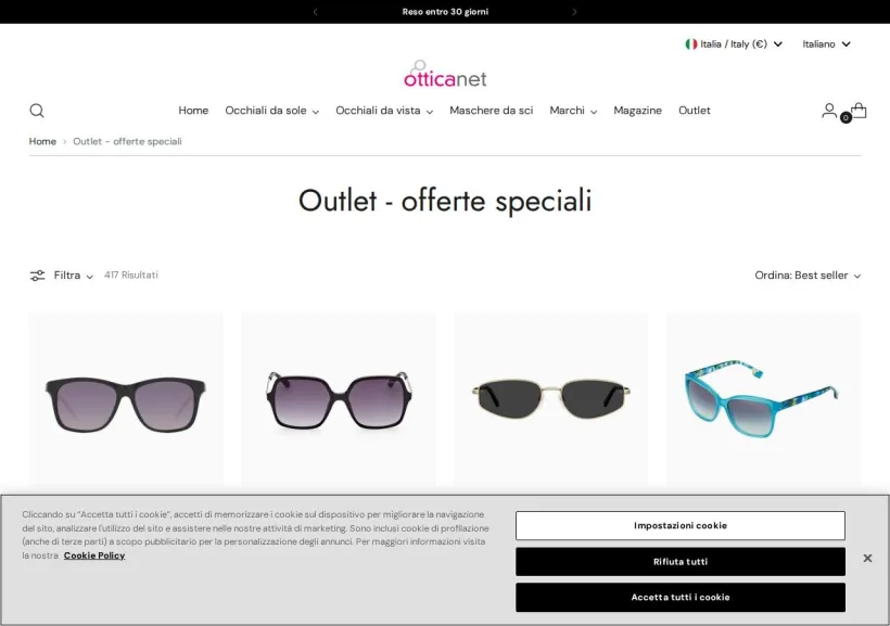 Schermata della pagina offerta di Otticanet