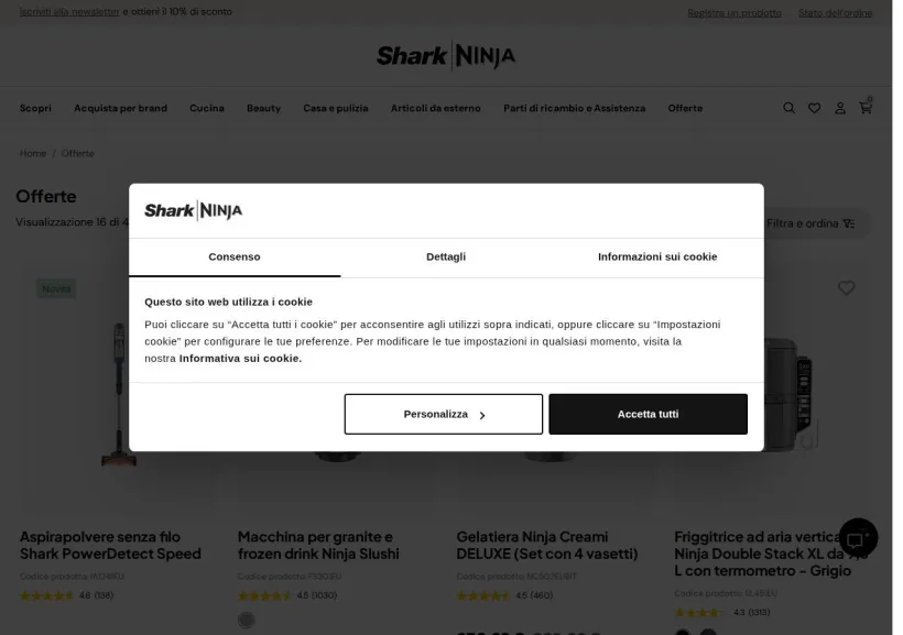 Schermata della pagina offerta di SharkNinja