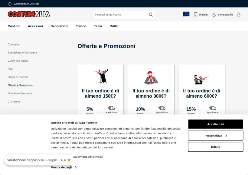 Schermata della pagina offerta di Costumalia.it