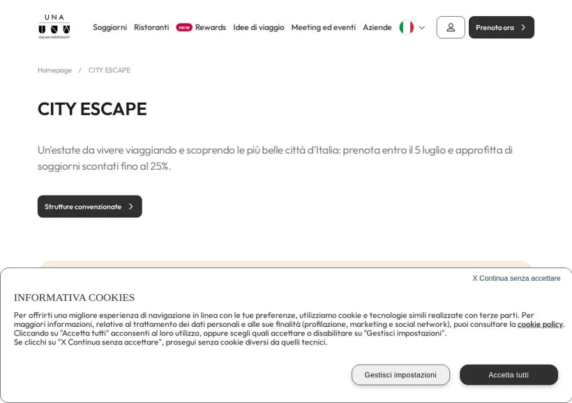 Schermata della pagina offerta di UNA Italian Hospitality