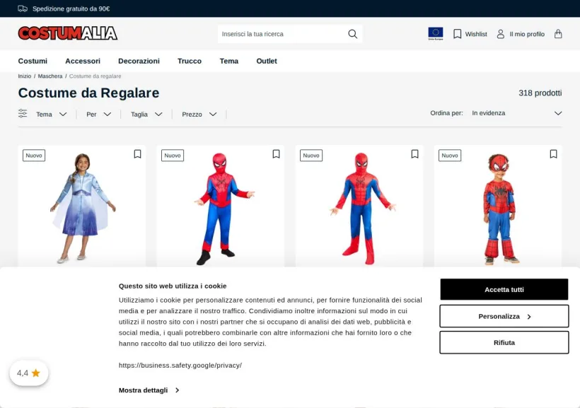 Schermata della pagina offerta di Costumalia.it