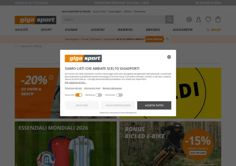 Schermata della pagina offerta di Gigasport
