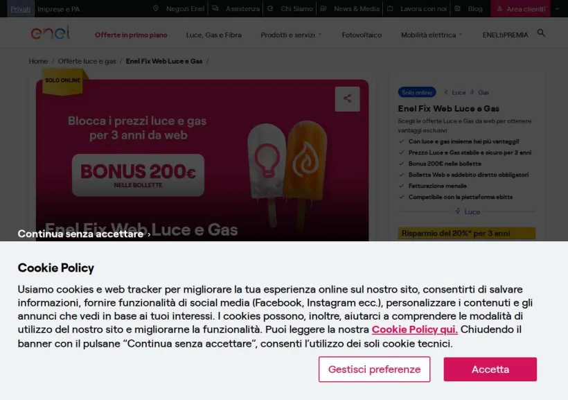 Schermata della pagina offerta di ENEL 2023