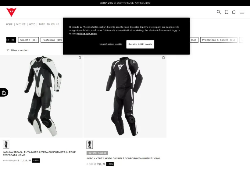 Schermata della pagina offerta di Dainese