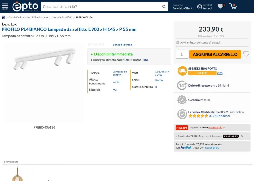 Schermata della pagina offerta di Epto
