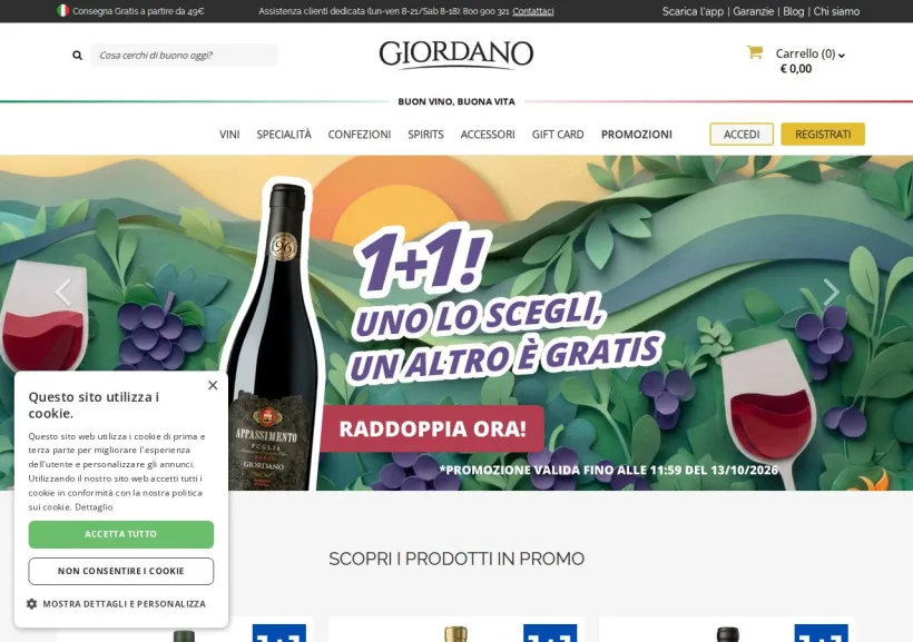 Schermata della pagina offerta di Giordano Vini