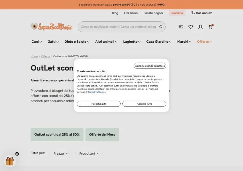 Schermata della pagina offerta di AquaZooMania
