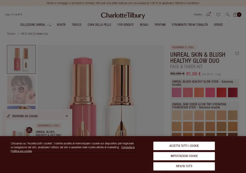 Schermata della pagina offerta di Charlotte Tilbury