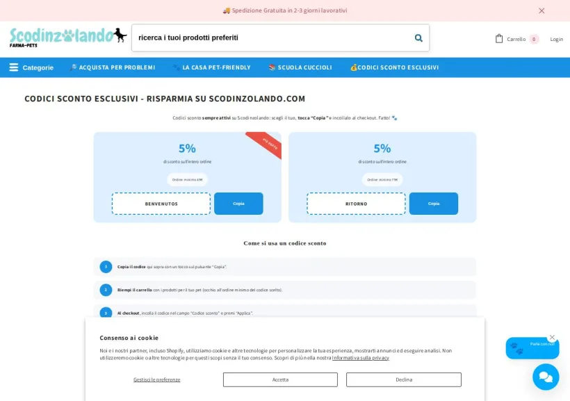 Schermata della pagina offerta di Scodinzolando