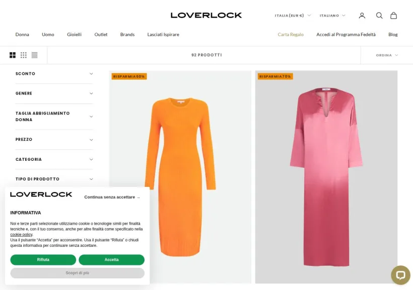 Schermata della pagina offerta di Loverlock boutique on line