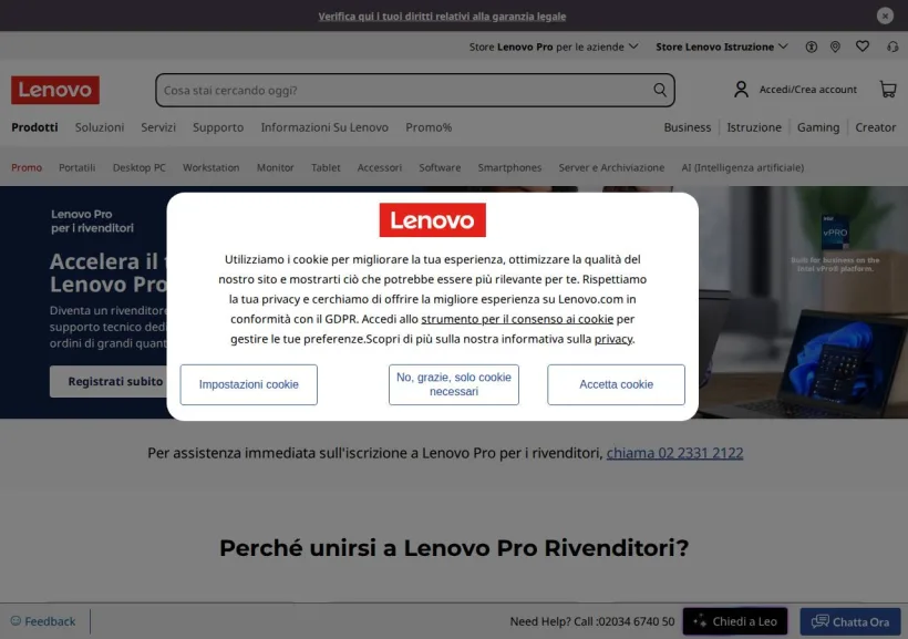 Schermata della pagina offerta di Lenovo
