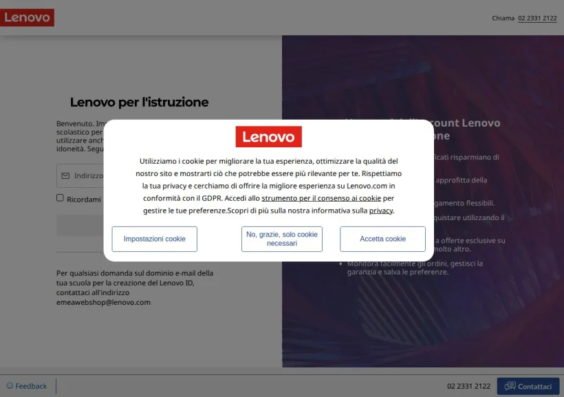 Schermata della pagina offerta di Lenovo