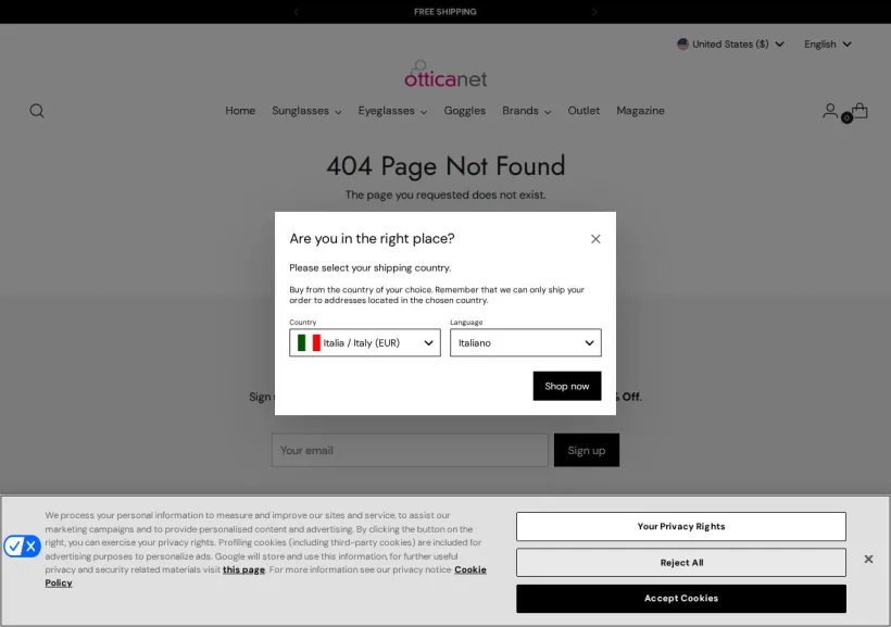 Schermata della pagina offerta di Otticanet