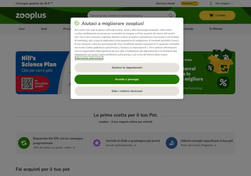 Schermata della pagina offerta di Zooplus