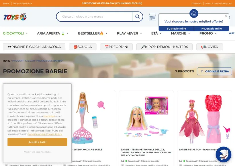 Schermata della pagina offerta di Toys Center