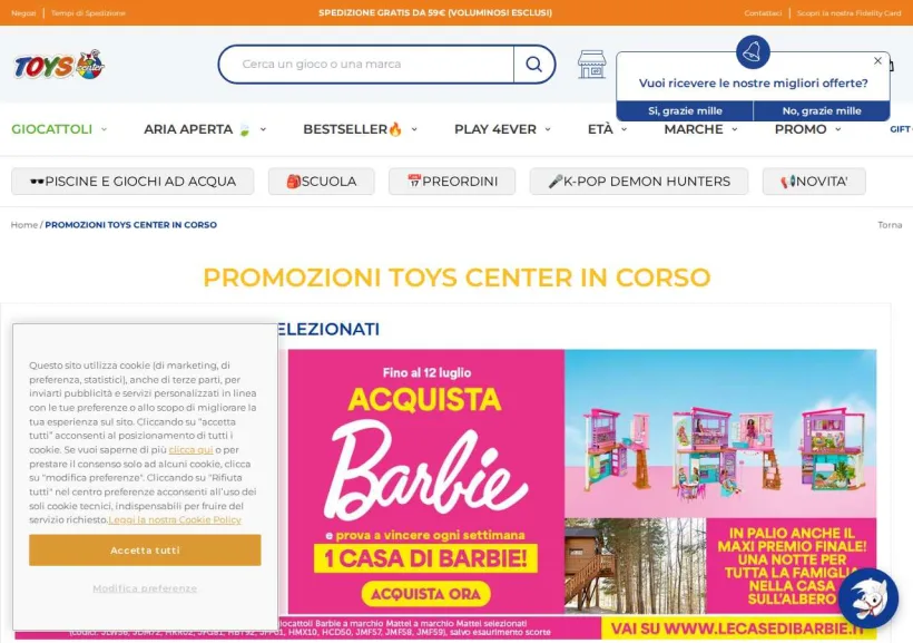 Schermata della pagina offerta di Toys Center