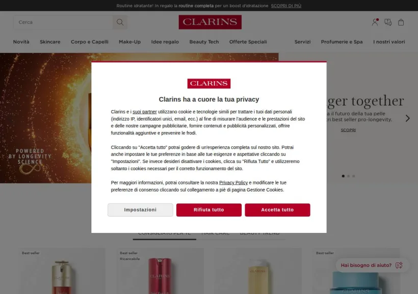 Schermata della pagina offerta di Clarins