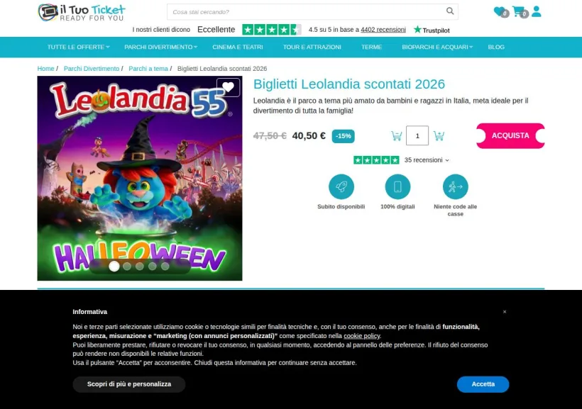Schermata della pagina offerta di Iltuoticket