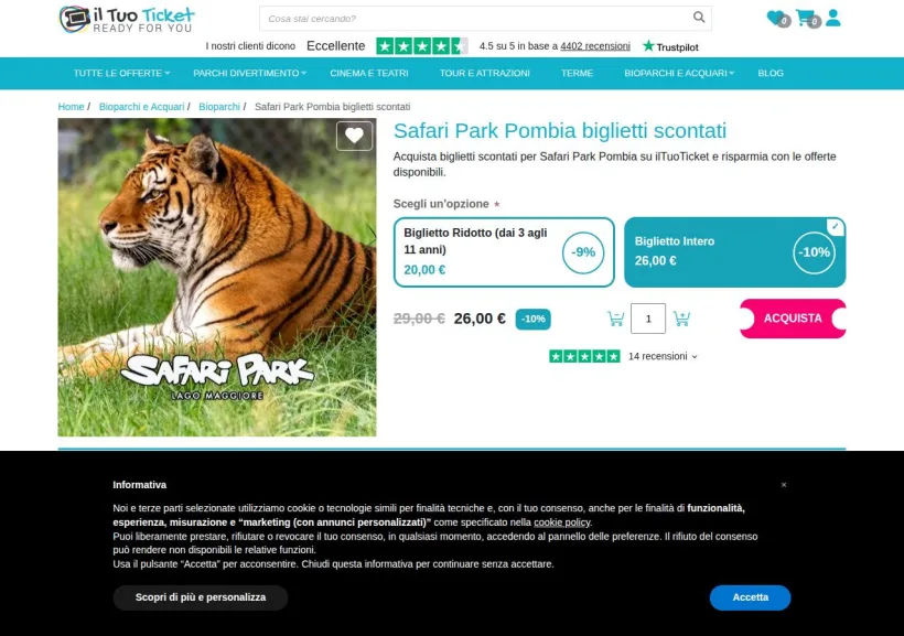 Schermata della pagina offerta di Iltuoticket