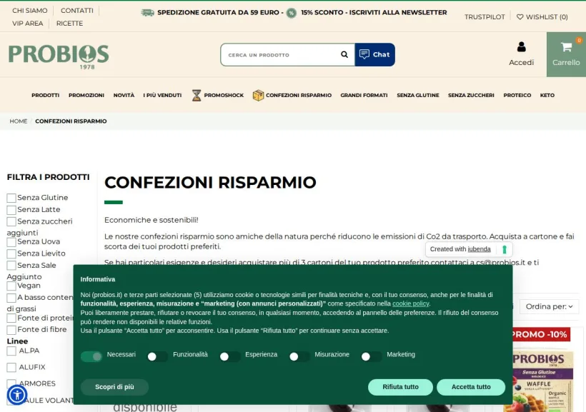 Schermata della pagina offerta di Probios