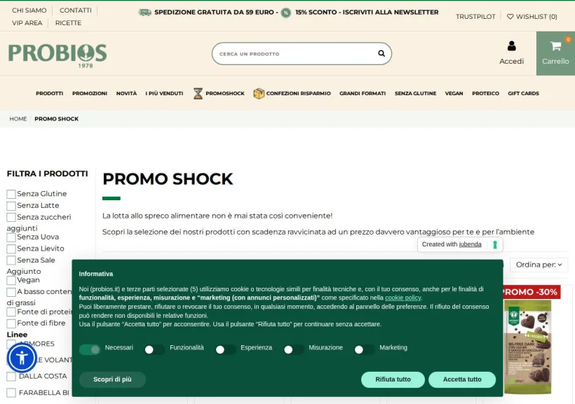 Schermata della pagina offerta di Probios