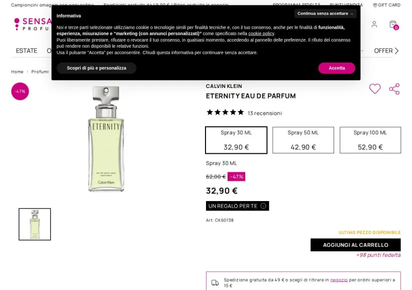 Schermata della pagina offerta di SensationProfumerie