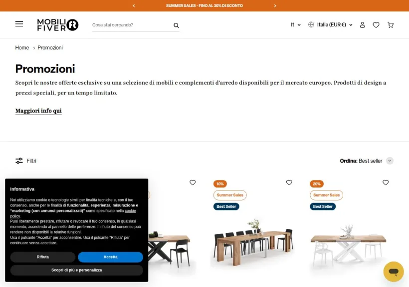Schermata della pagina offerta di Mobili Fiver