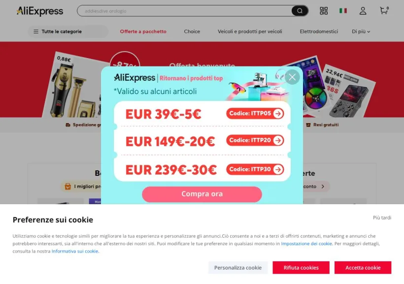 Schermata della pagina offerta di AliExpress