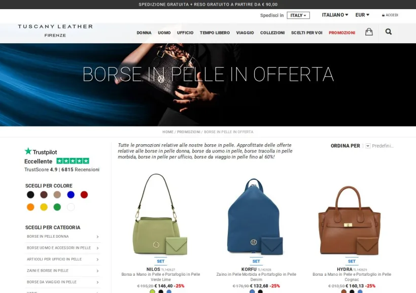 Schermata della pagina offerta di Tuscany Leather