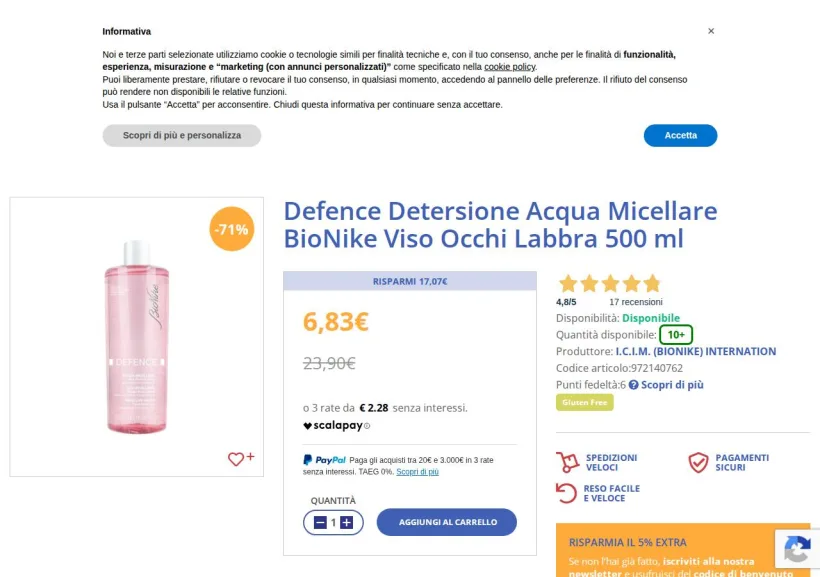 Schermata della pagina offerta di Openfarma