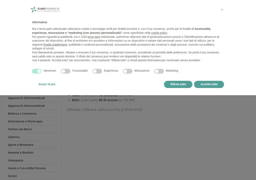 Schermata della pagina offerta di Eurofarmacia