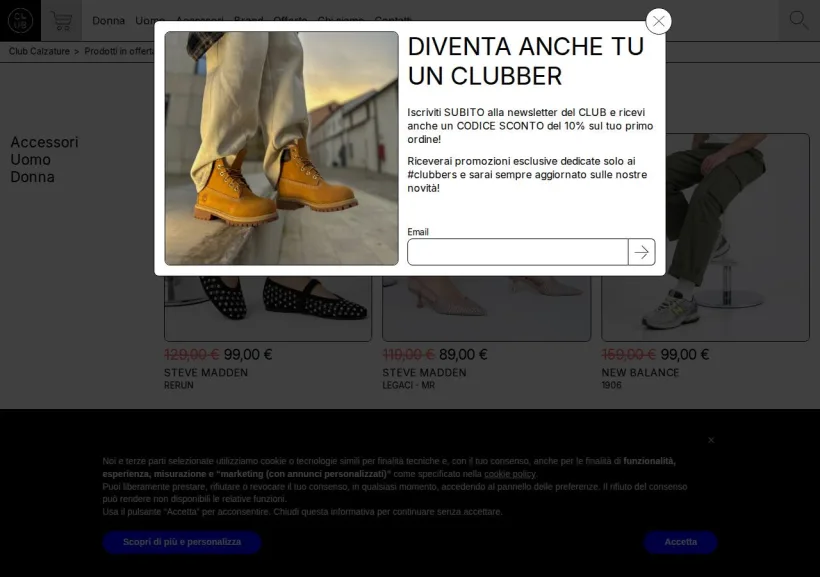 Schermata della pagina offerta di Club Calzature
