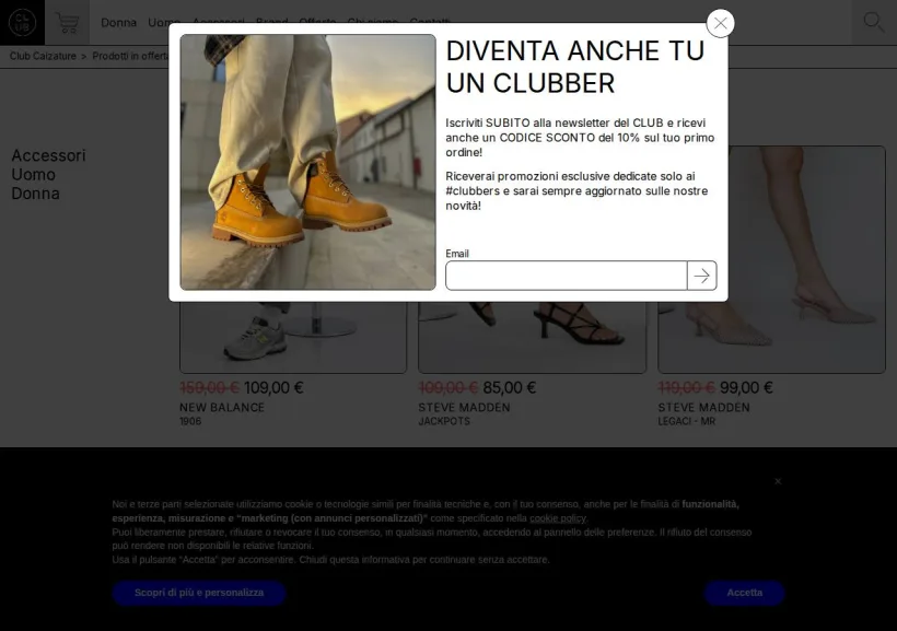 Schermata della pagina offerta di Club Calzature