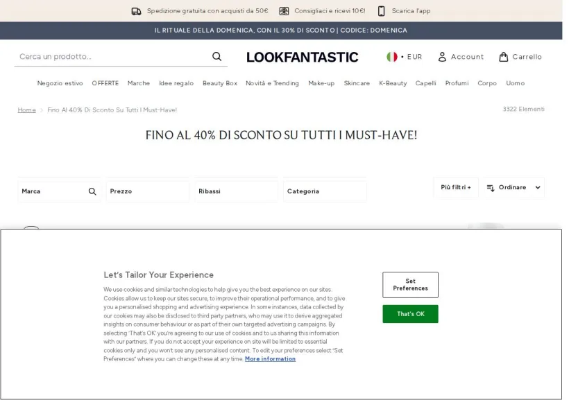 Schermata della pagina offerta di Look Fantastic