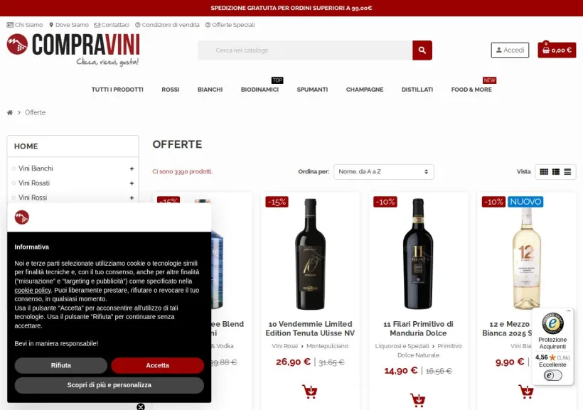 Schermata della pagina offerta di Compra Vini