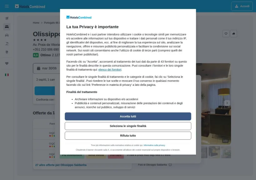 Schermata della pagina offerta di Hotelscombined
