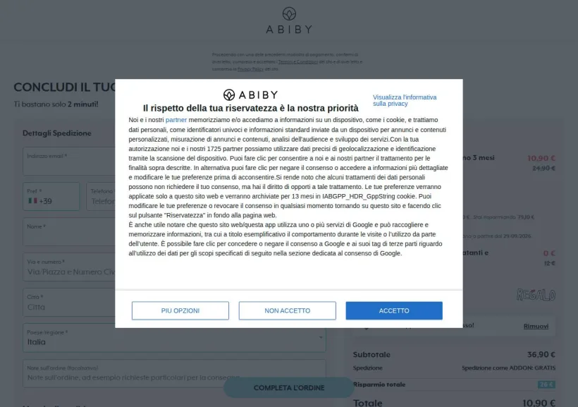 Schermata della pagina offerta di Abiby   