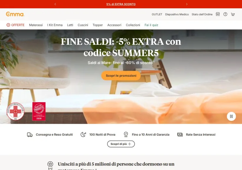 Schermata della pagina offerta di Emma Mattress