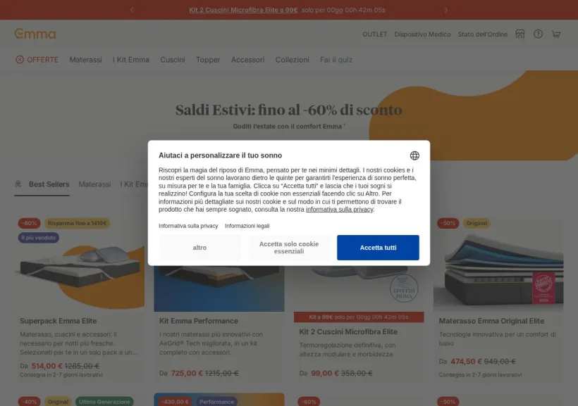 Schermata della pagina offerta di Emma Mattress